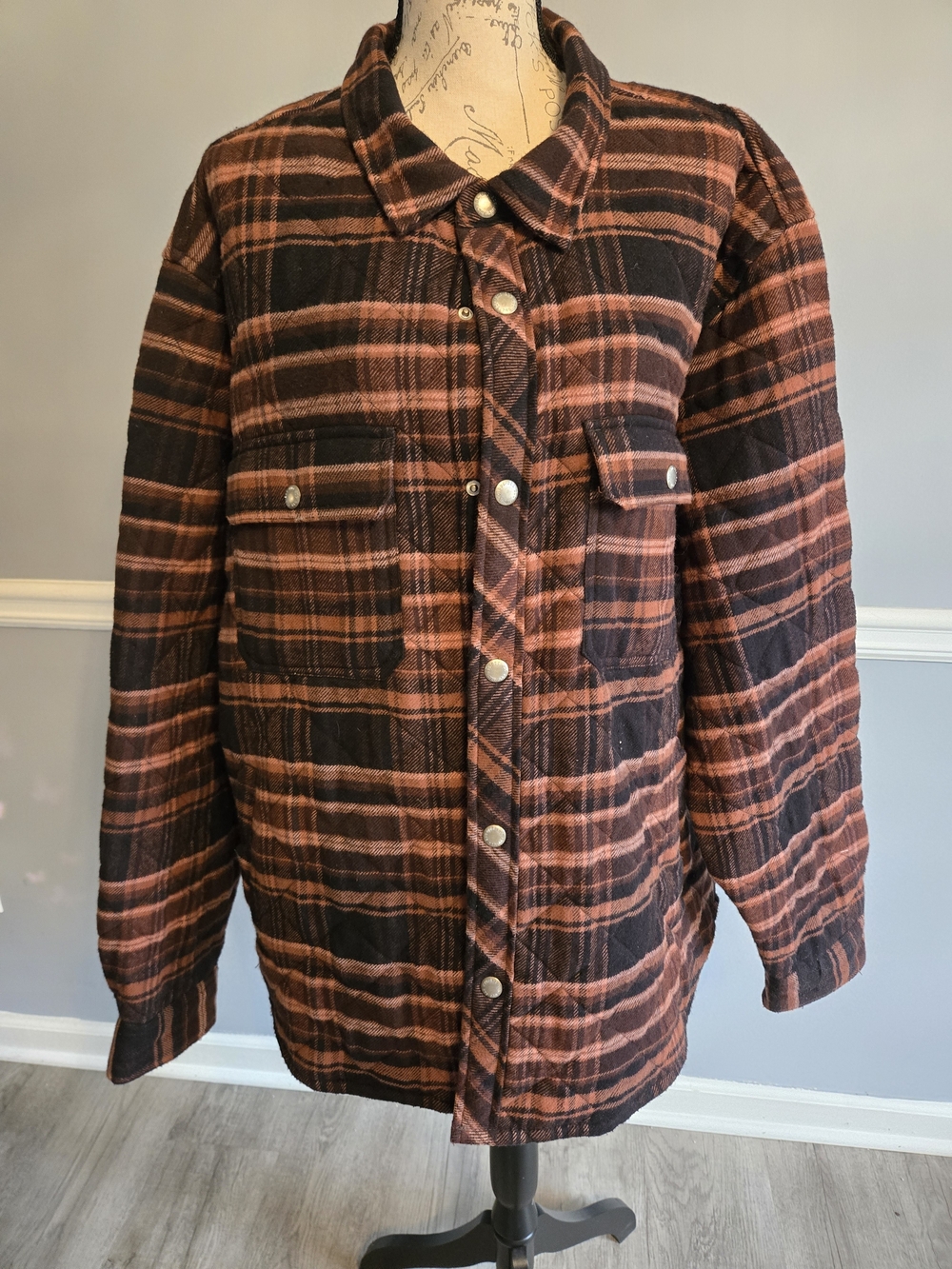 BDG Men's Plaid Puffer Jacket in Rust & Black